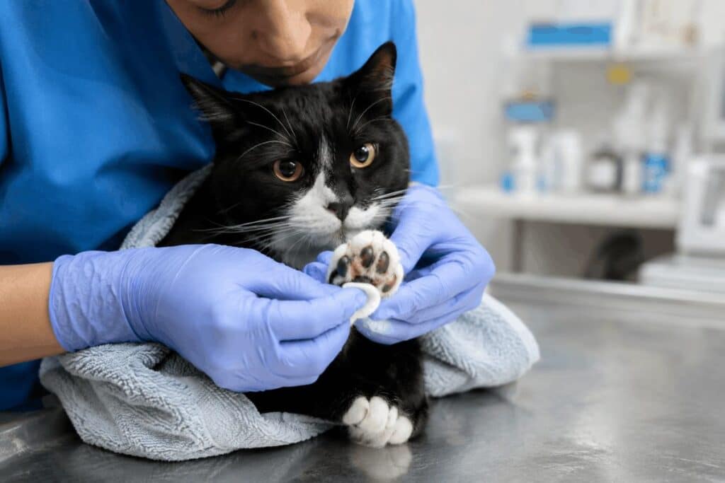 Veterinarian in blue scrubs cleaning infected paw of black and white tuxedo cat with antiseptic gauze