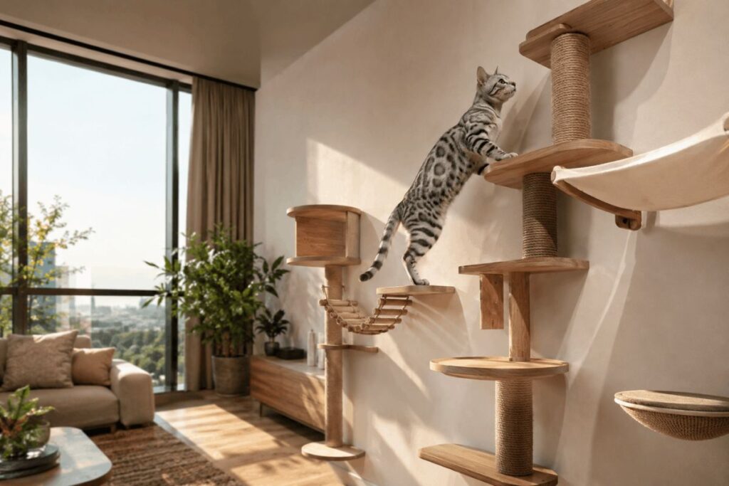 Modern wall cat tree system in a stylish living room with a Bengal cat climbing wooden wall shelves