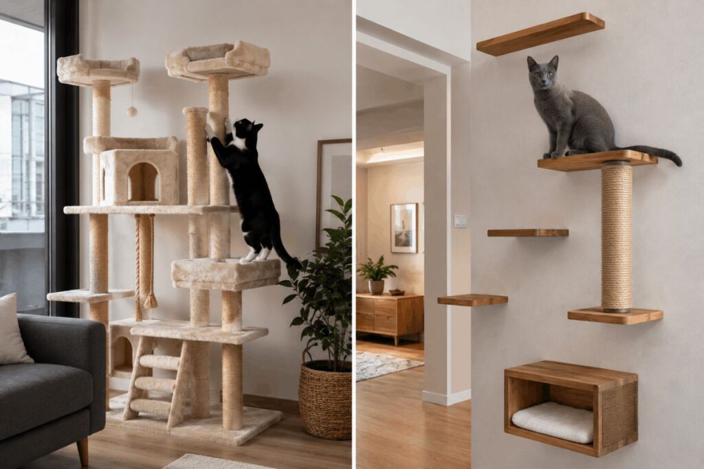 Comparison between a wall-mounted cat tree and a traditional floor cat tree inside modern apartments