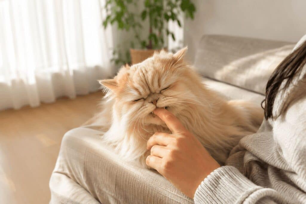 A fluffy cream Persian cat gently biting a woman's finger while sitting on her lap, illustrating why cats bite their owners gently as a sign of affection.