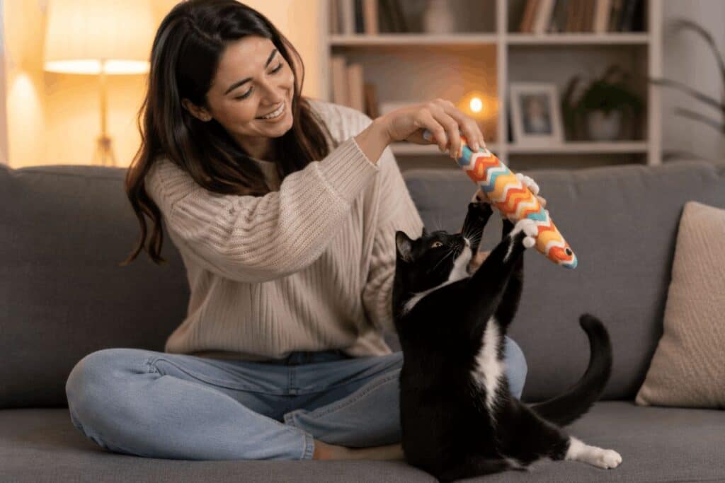 Smiling woman playing with a colorful cat kicker toy with her tuxedo cat instead of being scratched showing successful play redirection