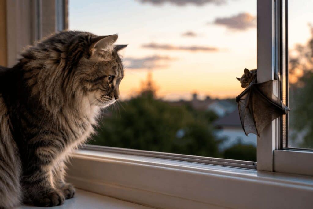 Domestic cat observing a bat near a window, illustrating potential rabies exposure risk in cats.