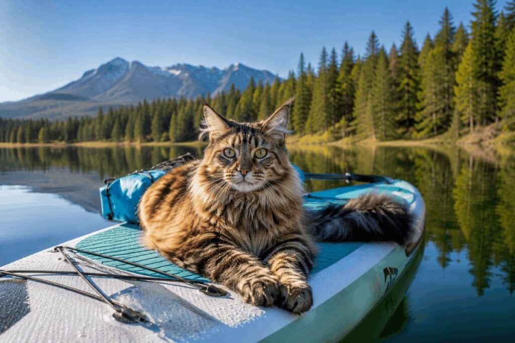Cat relaxing on a stand up paddle board on calm water