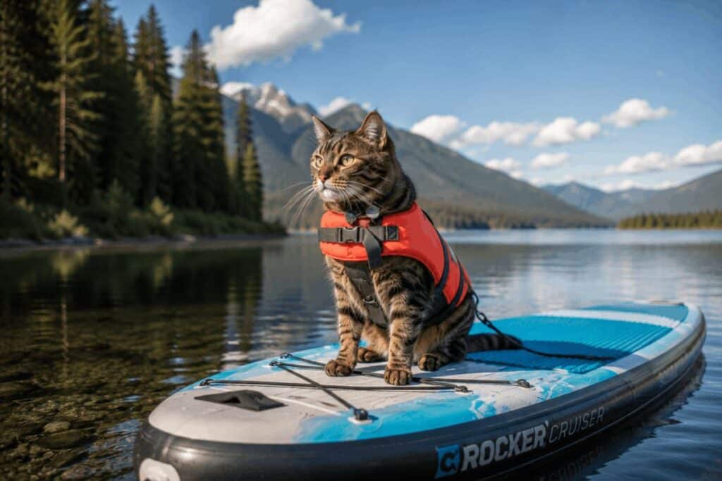 Cat paddle boarding safely near shore