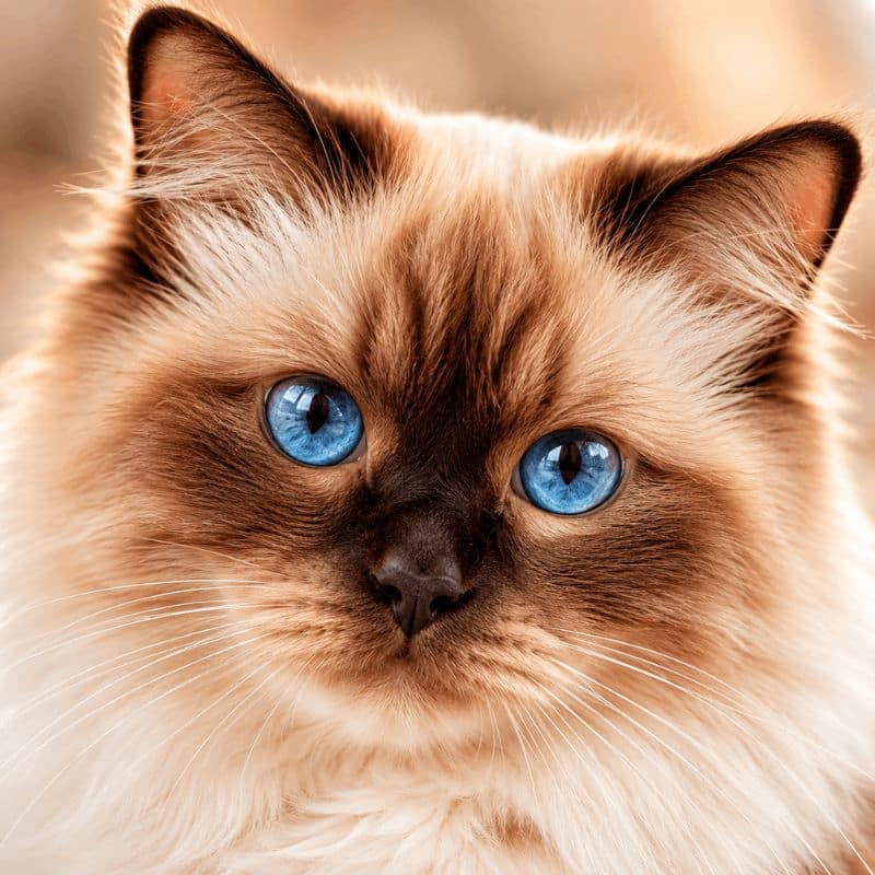 Close-up portrait of a cinnamon point ragdoll cat with vivid blue eyes and warm reddish-brown facial markings
