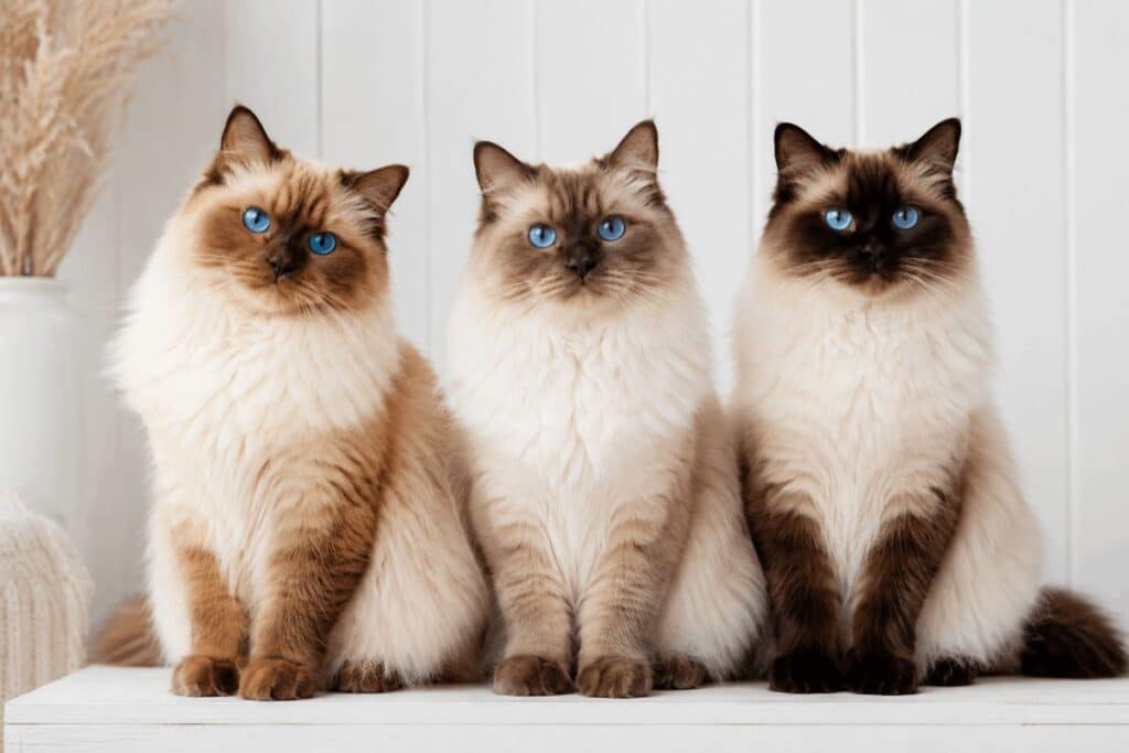 Side-by-side comparison of three ragdoll cats showing cinnamon, chocolate, and seal coat color differences