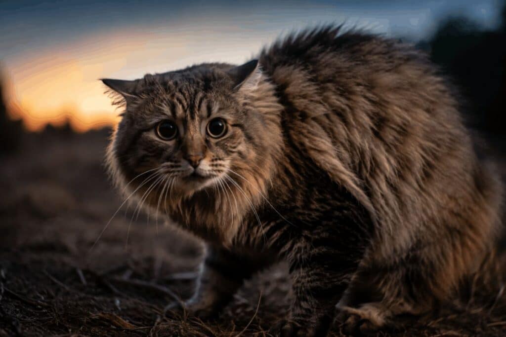 Alert fluffy cat with dilated pupils and tense body language during the furious stage of rabies in cats.