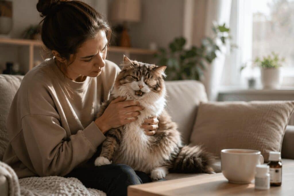 Concerned cat owner holding a fluffy cat showing unusual behavior, an early sign of rabies symptoms in cats.