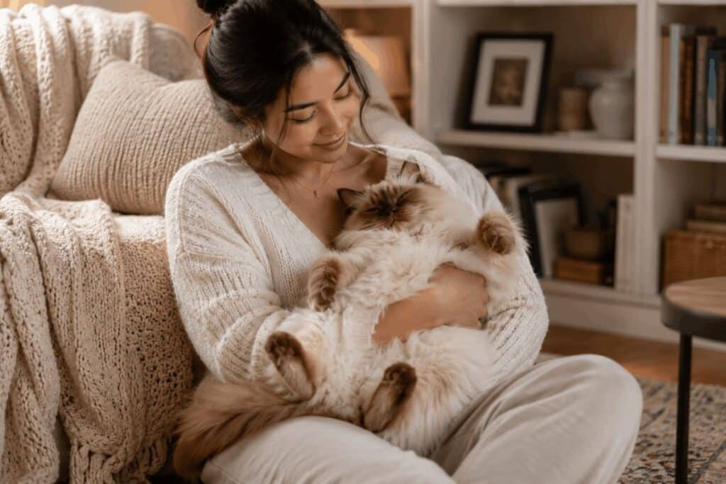 A woman holding a relaxed floppy ragdoll cat showing the breed's calm and affectionate temperament