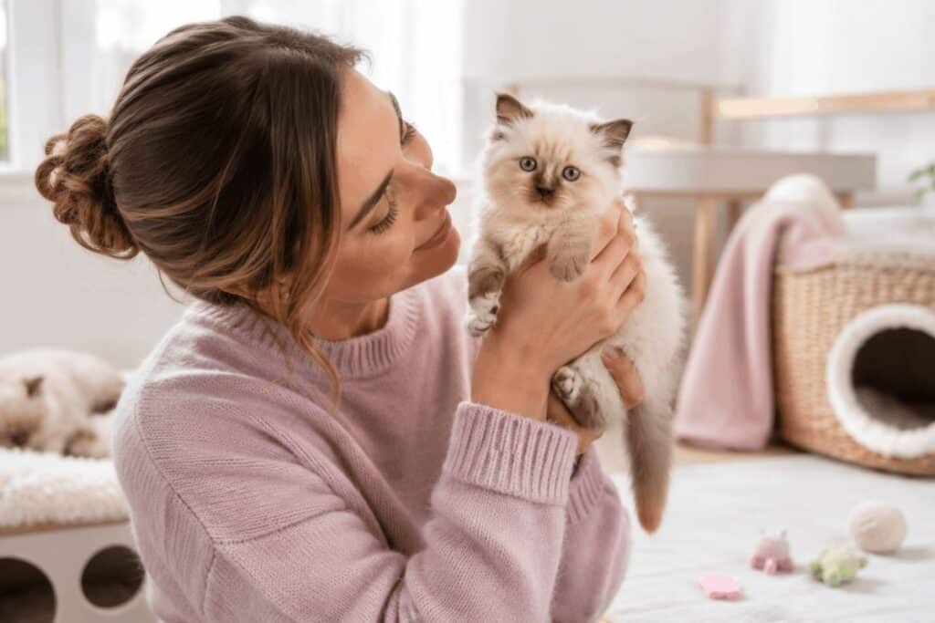 A reputable ragdoll cat breeder holding a tiny cinnamon ragdoll kitten in a clean home cattery environment