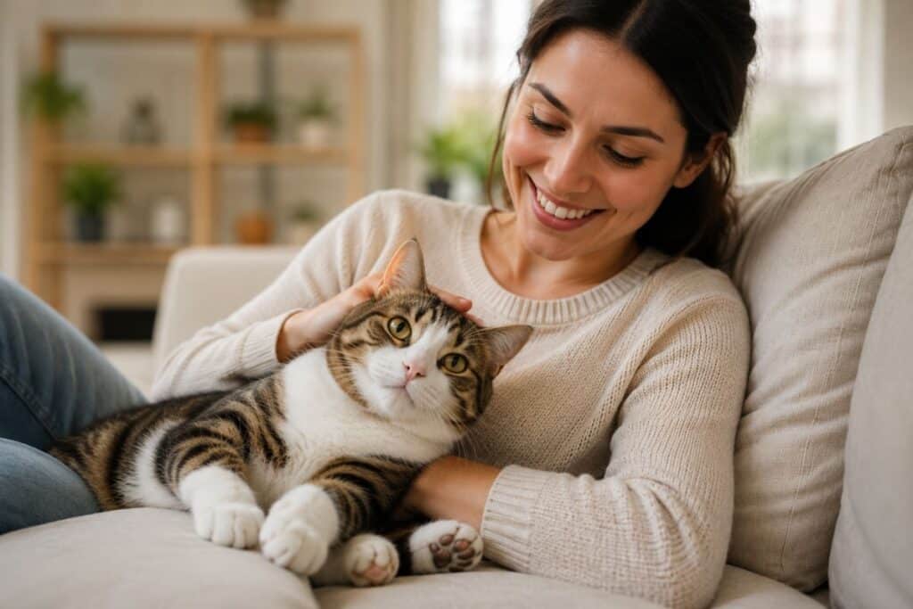 Happy indoor cat enjoying a healthy life after being neutered.