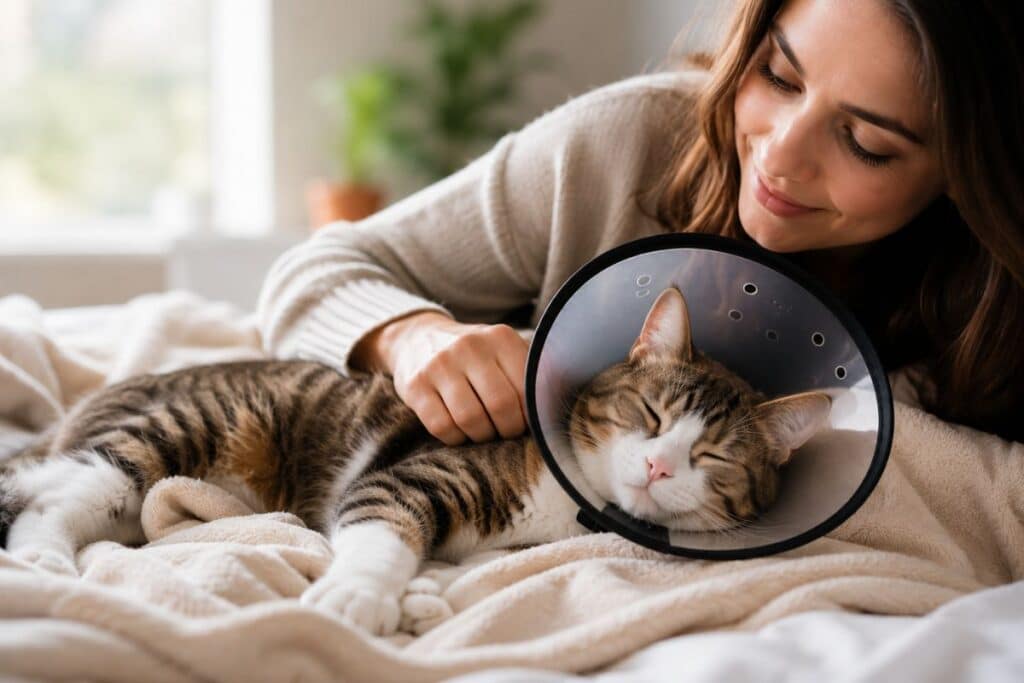 Young cat resting comfortably at home after neuter surgery while recovering.