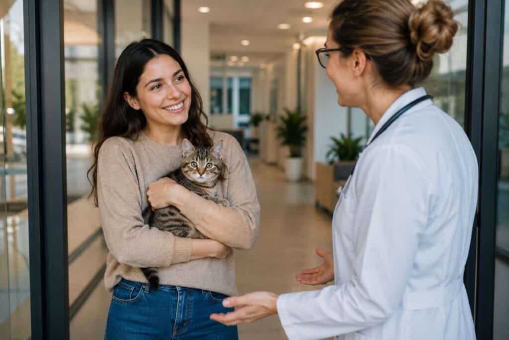 Cat owner taking a young kitten to a veterinary clinic for a neuter appointment.