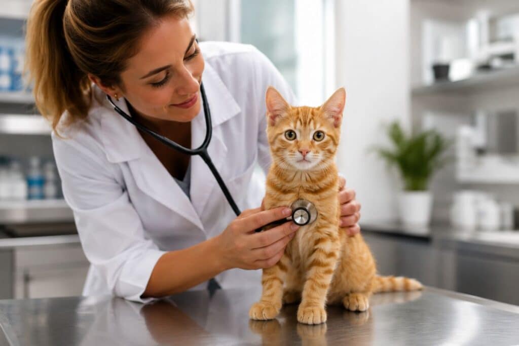 Veterinarian examining a healthy 5-month-old kitten before neuter surgery.