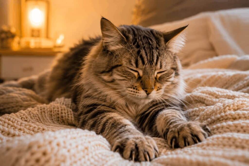 Happy relaxed cat kneading a soft blanket before sleep